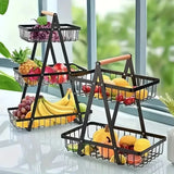 2/3 Tier Kitchen Organizer Rack Fruit Basket with Detachable Metal Holder and Wooden Handle Vegetable Bread Snacks Storage Shelf