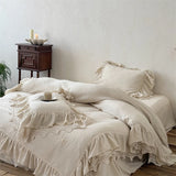 20% Linen And 80% Cotton Double Layer Lace Ruffles Vintage French Bedding Set Duvet Cover Flat/Fitted Bed Sheet Pillowcases 4Pcs