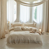 20% Linen And 80% Cotton Vintage Hollow Lace Embroidery Patchwork Bedding Set Duvet Cover Flat/Fitted Bed Sheet Pillowcases 4Pcs