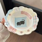 Cream Cheese Hand Drawn Patchwork Plaid Bow Cat Dessert Ceramic Bowl and Plate Gift Tableware