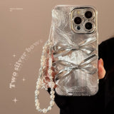 3D Silver Bow Tie Phone Case for IPhone 16 15 14promax 13 12Pro 11 Light Luxury Compatible Full Package Hanging Chain Design