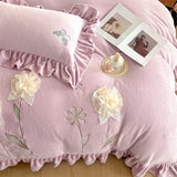 Flowers Embroidery Ruffles Thickened Soft Warm Velvet Bedding Set Queen King Size Plush Duvet Cover Set Bed Sheet Pillowcases