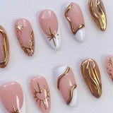 10pcs XS-S-M Size Luxury French Almond Press On Nails Metallic Gold Star Heart Wave Lines False Nails Reusable Acrylic Nail Tips