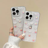 Transparent Strawberry Pearl Bow Soft Phone Case for iPhone 16 Pro Max Fundas Cover for iPhone 11 12 13 14 15 Pro Max Back Cover