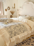 4Pcs French Vintage Pastoral Flower Cotton Bedding Hollow Lace Duvet Cover Princess Style Bedding 200x230 220x240