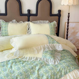 4Pcs Korean Princess Style Luxury Haute Couture Chiffon Lace Ruffle Queen/King Size Quilt Cover Bed Skirt Double Bedspreads