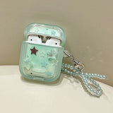 Green Stars Case with Pearl Bow Keychain For Apple AirPods 1 2 3 4 Pro 2 Bluetooth Earphone Cover funda For AirPods2 AirPod Pro2