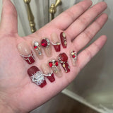10Pcs Coffin Handmade Press On Nails Full Cover Flower Design Pearl Diamond Summer False Nails Wearable Manicure Nail Tips Art