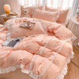 Korean Princess Style Bowknot Bedding Sets Lace Duvet Cover Fitted Sheet For Girl Woman Bedroom Decor Bed Linens Home Textiles