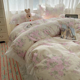 100% Cotton Korean Princess Style Rose Floral Lace Ruffles Bedding Set Duvet Cover Set Flat/Fitted Bed Sheet Pillowcases 4Pcs