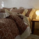 Vintage French Floral Ruffles 100% Cotton Double Yarn Queen King Size Bedding Set Duvet Cover Flat/Fitted Sheet Pillowcases 4Pcs
