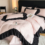 Leopard Print Bedding Set Washed Silk High-quality Satin Silky Black Lace Design Super Smooth Jacquard Duvet Cover Sheet Set