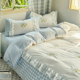 Korean Princess Style Double Layer Lace Flower Embroidery 100% Cotton Bedding Set Plaid Style Duvet Covers Bed Sheet Pillowcases
