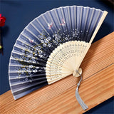 Retro Chinese Style Folding Fan Bamboo Wooden Silk Dance Fan with Tassel Female Wedding Party Performence Hand Held Fan Props