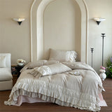 100% Cotton Vintage French Pleated Lace Ruffles Floral Princess Bedding Set Duvet Cover Flat/Fitted Bed Sheet Pillowcases 4Pcs