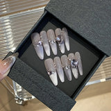 10pcs Glitter French False Nails Glossy Gradient Purple Stiletto Press on Nails Cat Eye Fake Nails with Rhinestone Fake Nail Tip
