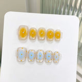 10pcs Short Square Handmade False Nails Tips Fantasy Glitter Cat's Eye Blue Press on Nails Sets Seashell Design Fake Nail Art