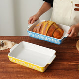 1Pc Double-Ear Ceramic Polishing Plate, Baking Pan, Household Small Eating Plate Baking Plate, Hand-Painted Relief Pattern Ceramic Plate, Suitable for Cooking, Barbecue, Cake, Dinner, Oven Safety, Kitchen Utensils, Gift Givin