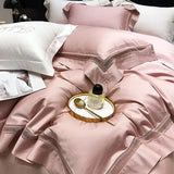 4Pcs Luxury Hollow Lace Wide Edge Solid Color Bedding Set 1000TC Egyptian Cotton Duvet Cover Bed Sheet/Fitted Sheet Pillowcases