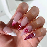 24pcs Long Almond Stiletto Fake Nails Press on Gradient Blue Nails Rhinestone Flower Pearl Design False Nail Wearable Manicure