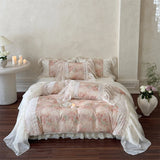 Flowers Print Lace Ruffles Princess Bedding Set Lyocell Soft Silky Duvet Cover Bed Sheet/Bed Skirt/Fitted Sheet Pillowcases 4Pcs
