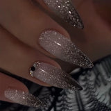 24pcs Long Stiletto False Nails with Glitter Silver Sequin Design Press on Nails Gradient Black Wearable Finished Fake Nail Tips