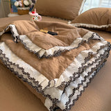 Korean Style Seersucker Summer Comforter Sweet Lace Trim Breathable Air Conditioner Quilt Soft Skin-Friendly Lightweight Blanket