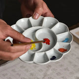 Ceramic Color Plate Handmade Celadon Palette Jingdezhen Ru Kiln Plum Blossom-shaped Watercolor Paint Tray Pen Holder Color Plate
