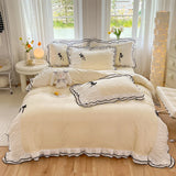 3/4Pcs Bedding Set Princess-Style Purple Bow Double-Layer Ruffles Duvet Cover Pillowcase Full-Size Queen Bed Sheet Set For Home