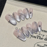 10pcs Handmade Sparkling Butterfly False Nails Press On Acyrlic Nails Long Almond Wearable Crystal Cat's Eye Fake Nails Finished