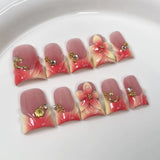 10pcs Ocean Style Fake Nails Duck Bill Press on Nails Set Handmade 3D Flowers Pearl Nail Art Gradient Blush French False Nails
