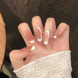 Ballet Milk White French Handmade False Nails Wearable Almond Blush Gradient Fake Nails With Flash Glass Cat's Eye Designs 10pcs