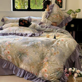 100% Cotton Flowers Printing Bedding Set Korean Style Ruffles Duvet Cover Sets Fitted Bed Sheet Pillowcases Home Textile