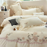 Premium Egyptian Cotton Flowers Embroidery Lace Ruffles Princess Bedding Set Duvet Cover Set Flat/Fitted Sheet Pillowcases 4Pcs