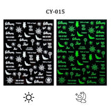 3D Luminous Nail Stickers Decals Black White Spider Web Skull Alien Planet Glow In The Dark Halloween Manicure Foils Tattoo Tips