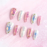 24pcs Sweet Flower False Nails Art Aurora Cat's Eye Mid-length Almond Press on Nails Tips Bow Design Pink Fake Nail Set Manicure