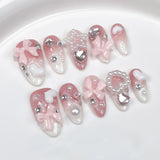 10Pcs Pink Almond Handmade Press on Nails Bow Fake Nails with Rhinestone Decoration Wearable Stick-on Nails False Nail 