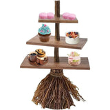 Halloween Cupcake Stand 3-Tier Witch Broom Stick Shape Snack Cake Stand Wooden Halloween Decorations Tray Holiday Party Supplies