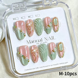 10pcs Pink Green Cat Eye Almomd Press On Nails 3D Gold Bow Bead Mini Flower Gradient False Nail Tips Full Cover Nail Extensions