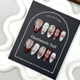 Handmade Charming Vintage False Nails Wine Red French Tip Press On Nails Almond Fake Nails With Rhinestone Silver Chain Decor