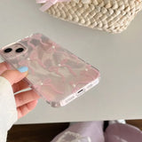 Korea Laser 3D Pink Bow Beads Phone Case for iPhone 16 15 14 13 16 Pro Max Floral Shell Girl Clear Soft Silicone Back Cover