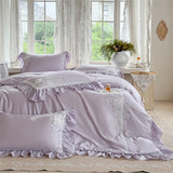 Pink Flowers Embroidery Ruffles Princess Wedding Bedding Set 1000TC Egyptian Cotton Duvet Cover Flat/Fitted Sheet Pillowcases