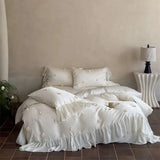Flowers Ruffles Princess Bedding Set Brocade Lyocell Bamboo Fiber Soft Silky Duvet Cover Flat/Fitted Bed Sheet Pillowcases 4Pcs