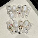 10pcs White Handmade Nails Tips Autumn Winter Aurora Snowflake Design Long Ballet Fake Nail Diamond Coffin Press on False Nails