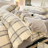 New Pure Cotton Bedding Set with Fitted Sheet Duvet Cover Pillowcase Simple Printed Grid Comfortable Bedclothes Single Double