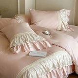 French Vintage Lace Ruffles Pure Cotton Princess Bedding Set Duvet Cover Bed Skirt Bedspread Pillowcases Queen King Size 4Pcs