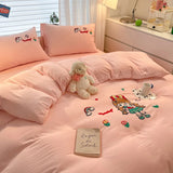 Cute Cartoon Pattern Embroidered Soft Bedding Sets Cozy Breathable Fitted Sheet Kit Kids Adults Bedroom Decor for Spring Summer