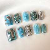 10Pcs Short Handmade Press on Nails Full Cover Metallic Design Ballet Punk Coffin False Nails Wearable Manicure Art Spice Girls