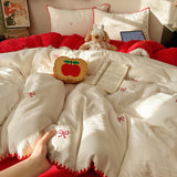 Ins Cream Style Bedding Set Red Embroidery Bow Triangular Needle Stitching Double-layer Yarn Soft Comfortable Bedroom Decoration
