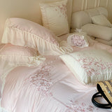 4Pcs Flowers Embroidery Lace Ruffles Princess Wedding Bedding Set Egyptian Cotton Duvet Cover Bed Sheet/Fitted Sheet Pillowcases
